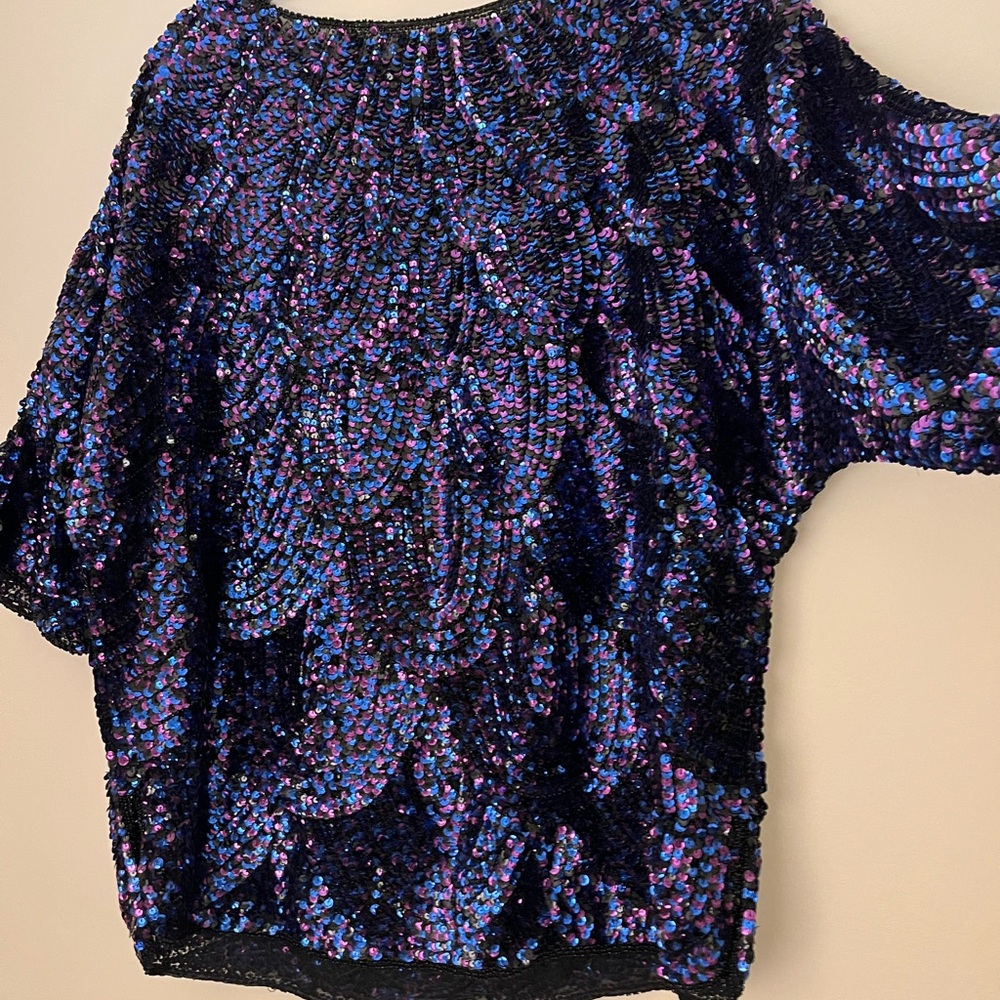 Blue and Purple Sequin Dolman sleeve Top - 80s 00s party - Picture 3 of 8